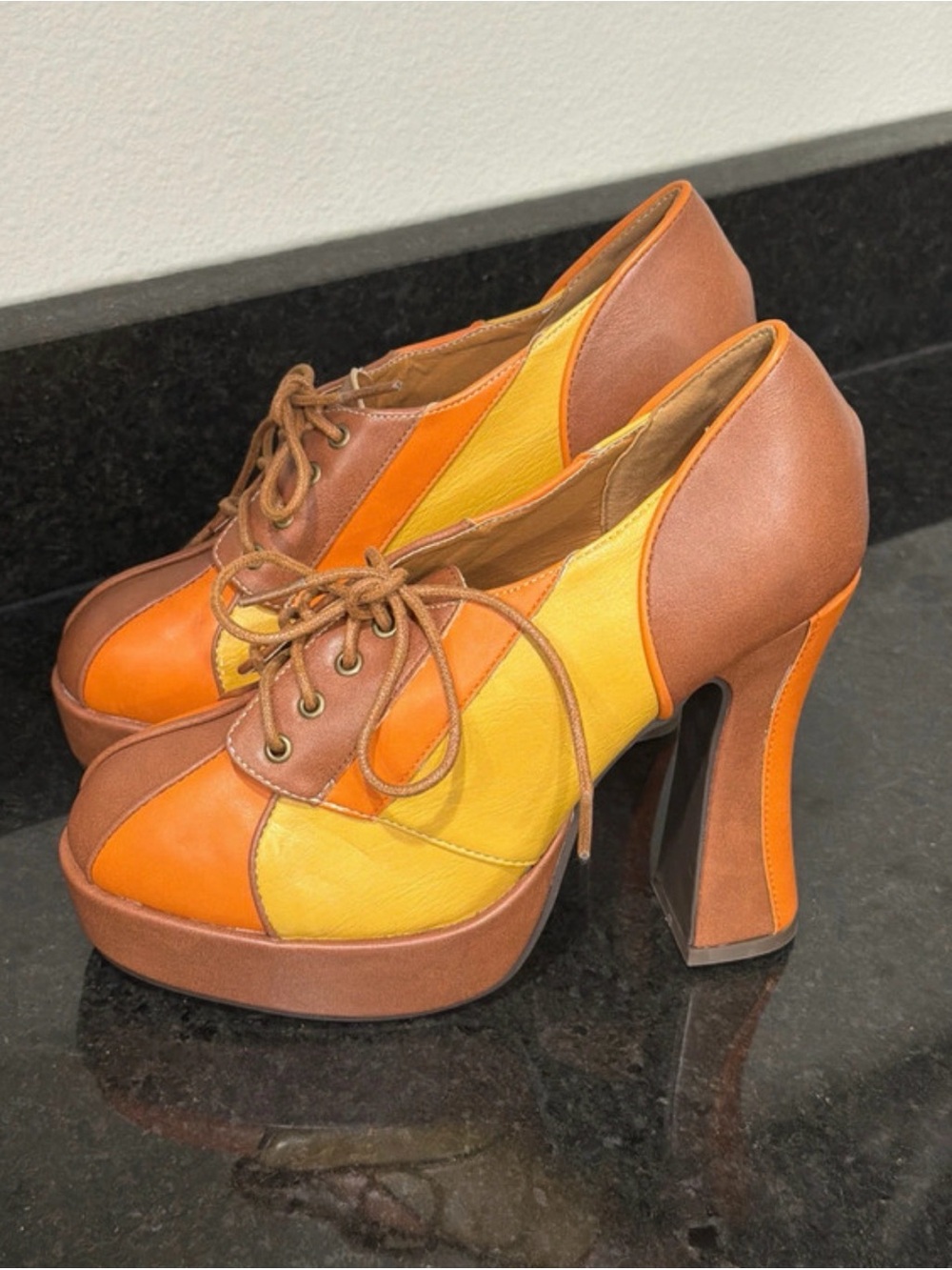 Ellie Colorblock Lace-Up Platform Heels in Orange, Yellow & Brown